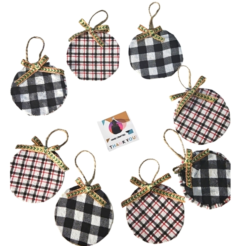 Hand Crafted Upcycled Fabric Christmas Ornaments 8pc Set plaid pattern black red
